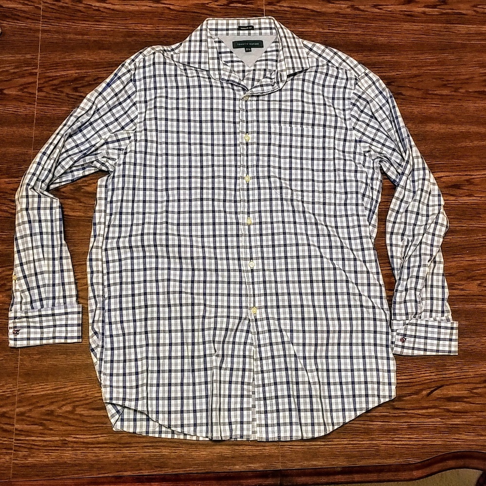 Tommy Hilfiger Men's Dress Shirt Blue Gingham EUC